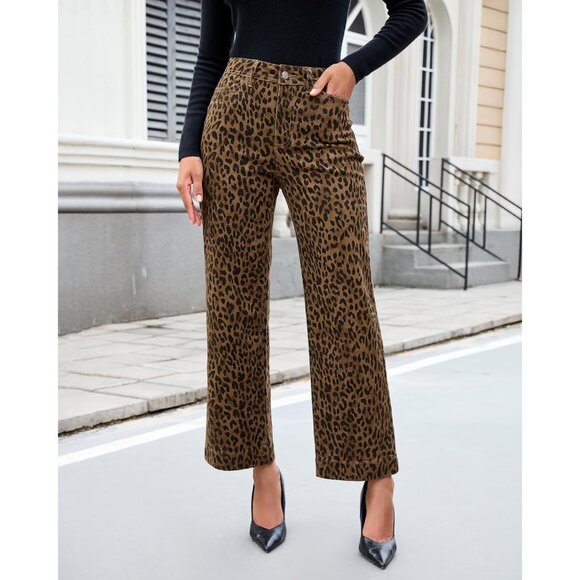 Wide Leg Denim Jeans Women High Waisted Ankle Length Leopard Cheetah Print - Picture 5 of 9